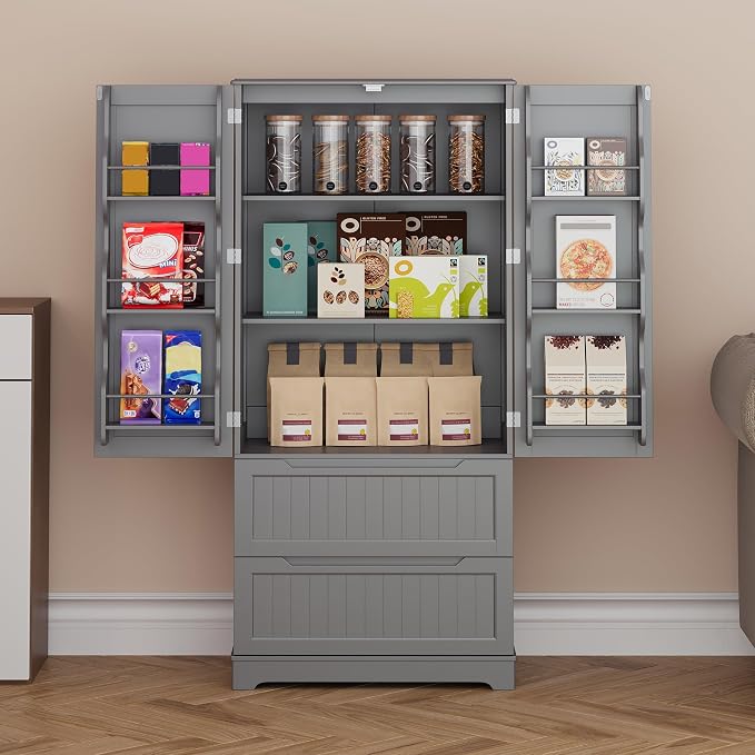 Gizoon Pantry Storage Cabinet with Drawers Freestanding Kitchen Storage Cabinets with Doors and Shelves, 63" Food Pantry for Dining Room Craft Room, Gray, Painted