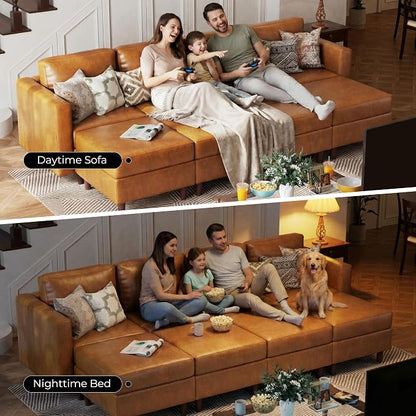 ABCASA 118.5" Faux Leather Luxury Modular Sleeper Sofa Bed with Storage Seat, 8 Seat Sectional Couch Deep Seat with Reversible Chaises & Removable Cover - Brown