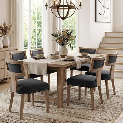 HNY Mid Century Modern Dining Chairs Set of 6, Farmhouse Linen Fabric Upholstered Accent Chairs Curved Nailhead Trim Backrest Kitchen Chairs, with Hardwood Frame, Charcoal