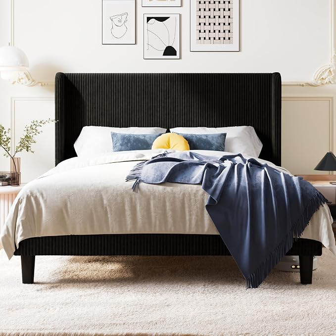 Allewie Full Size Bed Frame with Upholstered Wingback Headboard, Vertical Channel Tufted Corduroy Velvet Platform Bed, Strong Wooden Slats Support, No Box Spring Needed, Easy Assembly, Sturdy, Black