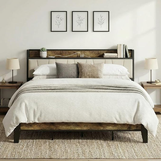 LIKIMIO King Bed Frame, Storage Headboard with Charging Station, Solid and Stable, Noise Free, No Box Spring Needed, Easy Assembly (Walnut and Beige)