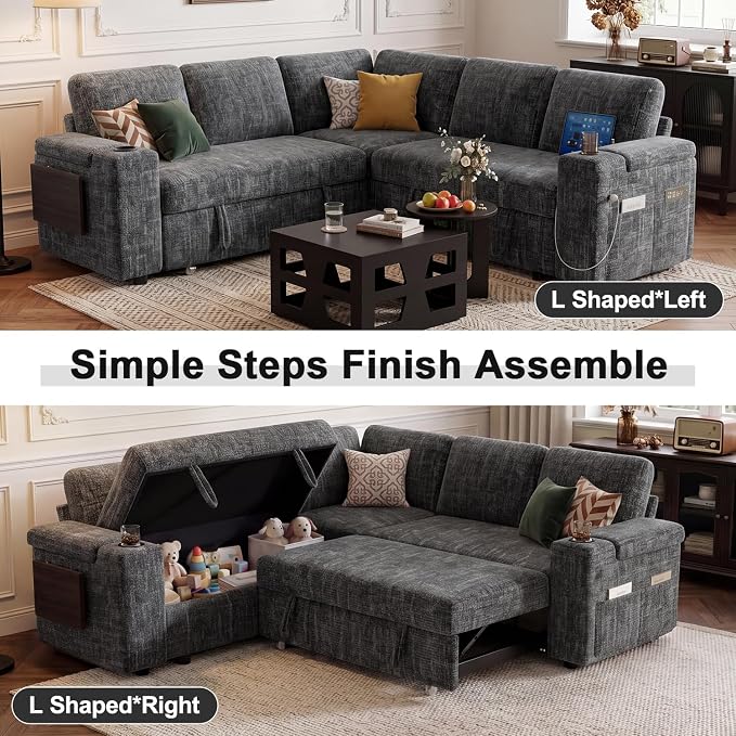 Vipbear Premium 86" Modular Sectional Sleeper Sofa, 5 Seat Sleeper Sofa with Pull Out Bed for Living Room, L Shaped Couch with Storage Chaise|USB Ports|Cup Holders|Storage Armrests|Side Table, Gray