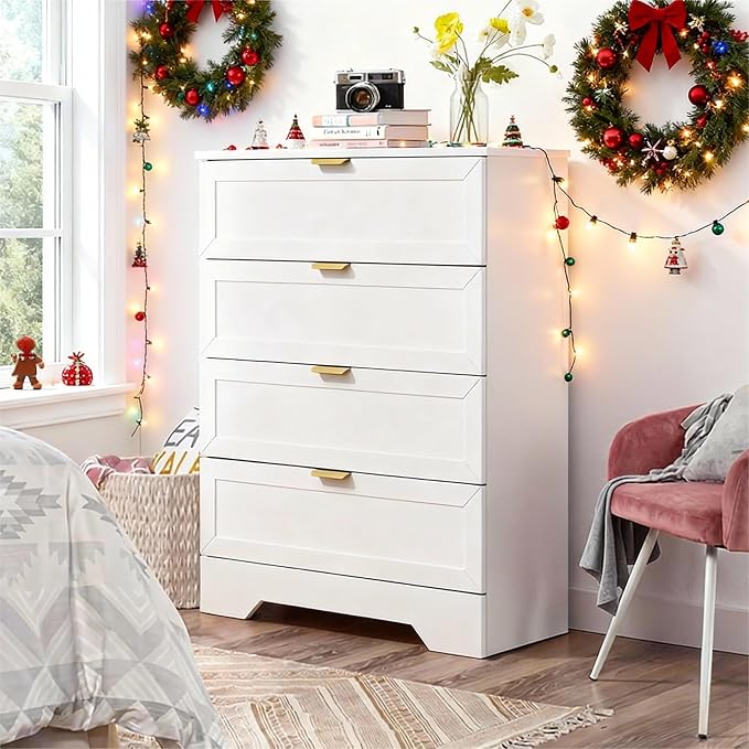 37-inches Tall Chest of Drawers, 4 Drawer Dresser for Bedroom, Wood Dresser with Large Drawers, Modern Storage Cabinet for Closet, Living Room, Entryway, White