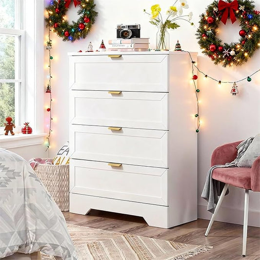 37-inches Tall Chest of Drawers, 4 Drawer Dresser for Bedroom, Wood Dresser with Large Drawers, Modern Storage Cabinet for Closet, Living Room, Entryway, White