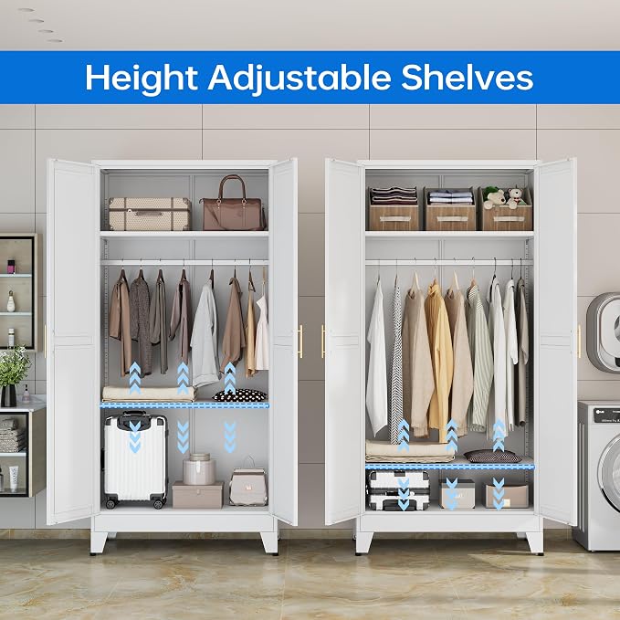 PAOFIN 71" Metal Armoire Wardrobe Closet, Bedroom Clothing Storage Cabinet with Hanging Rod, Freestanding White Armoire Cabinet with Adjustable Shelves