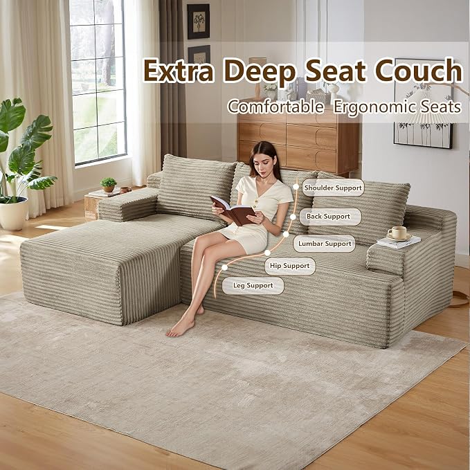 96.1" Modular Sectional Sofa Couches L-Shape Couch 3 Seat Modular Sofa Corduroy Memory Foam Sectional Boneless Couches for Living Room, Cloud Couch with Oversized Chaise(Camel, Left Facing)
