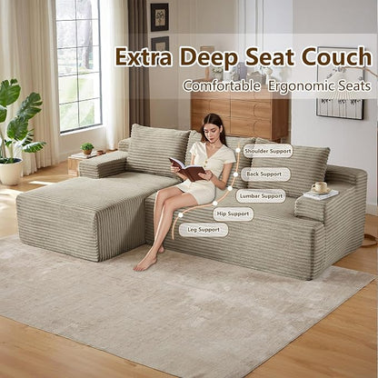 96.1" Modular Sectional Sofa Couches L-Shape Couch 3 Seat Modular Sofa Corduroy Memory Foam Sectional Boneless Couches for Living Room, Cloud Couch with Oversized Chaise(Camel, Left Facing)