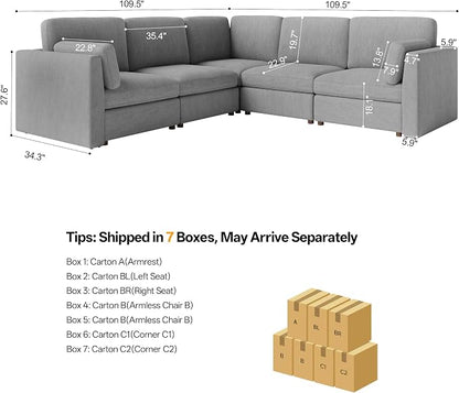 Oversized Modular Sectional Sofa V-Shaped Cloud Couches Gray | 109'' Deep Seat Couch for Living Room, 5-Seater Luxury Comfortable Corner sofa, Solid Wood Frame, Removable Washable Cover