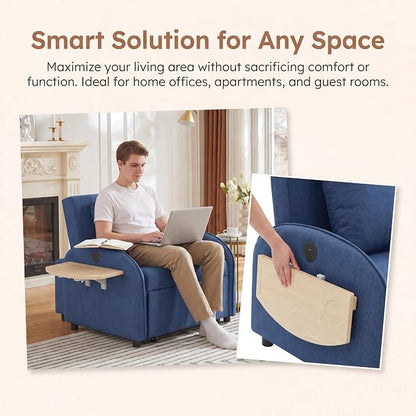 3-in-1 Convertible Sleeper Bed, Pull Out Single Sofa Bed with Adjustable Backrest, Foldable Recliner Sofa with Side Table & USB Port, Sleeper Chair for Living Room, Home Office, Blue