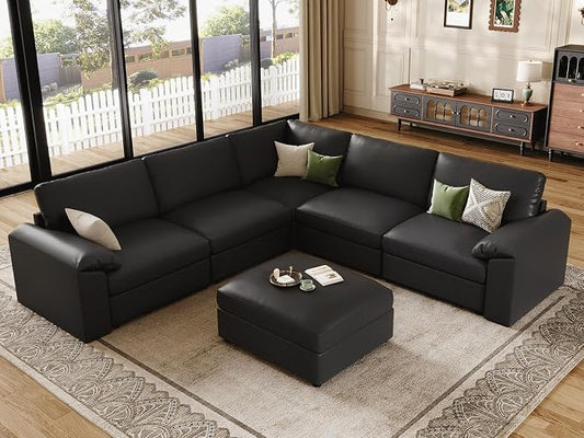 EASE MOOSE Oversized Modular Sectional Couch with Ottoman, Vintage Faux Leather Sectional Sofa with Deep Seat, Scratch Resistant Faux Leather Material, Extra Large L Shaped Couch,Deep Black