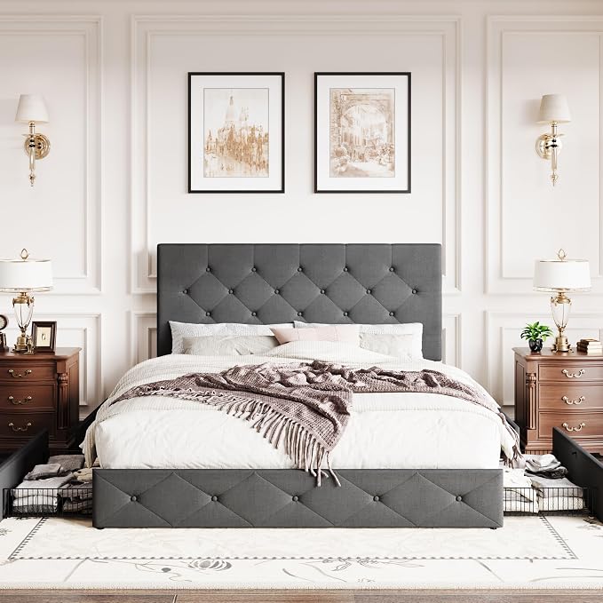 SHA CERLIN Upholstered Queen Size Platform Bed Frame with 4 Storage Drawers, Adjustable Headboard with Diamond Stitched Button Tufted Design, Wooden Slat Support, No Box Spring Needed, Dark Grey