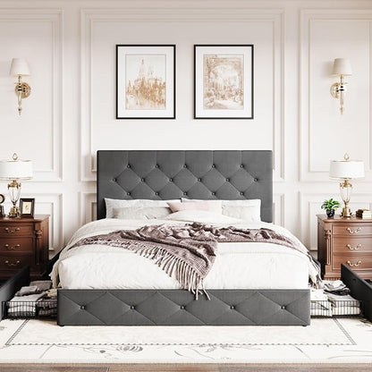 SHA CERLIN Upholstered Queen Size Platform Bed Frame with 4 Storage Drawers, Adjustable Headboard with Diamond Stitched Button Tufted Design, Wooden Slat Support, No Box Spring Needed, Dark Grey
