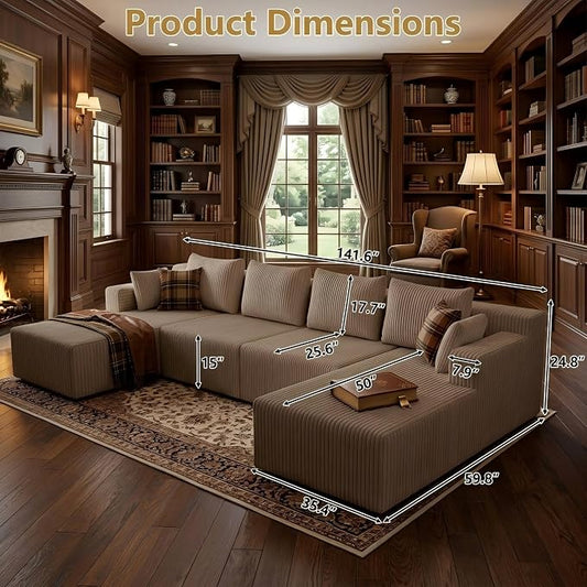 142" Oversized Cloud Modular Sectional Sofa Boneless Couches with Double Chaise Lounge and Deep Seat, Fluffy Corduroy Upholstered Compressed Lounge Sofa & Couches for Living Room