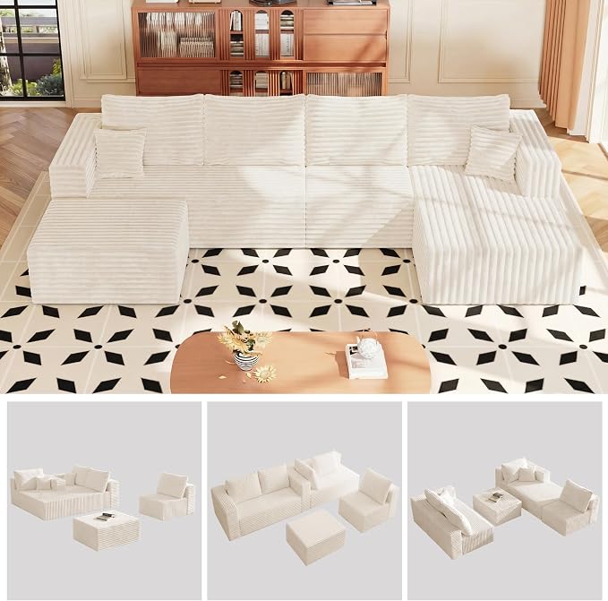 Modular Sectional Sofa, Boneless Compressed Sofa in a Box, U-Shaped Cloud Couch with Deep Seats & Chaise for Living Room, No Assembly Required (Beige, 118" U-Shape with Right Facing Chiase)