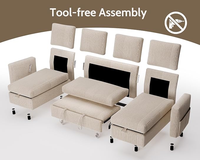 WEUP 106" U Shaped Sectional Sleeper Sofa Bed with Pull Out Bed, Sectional Sleeper Couch Pull Out Couch with Reclining Backrest/Reversible Storage Chaise/USB Ports/Tool-Free Assembly, Corduroy Beige