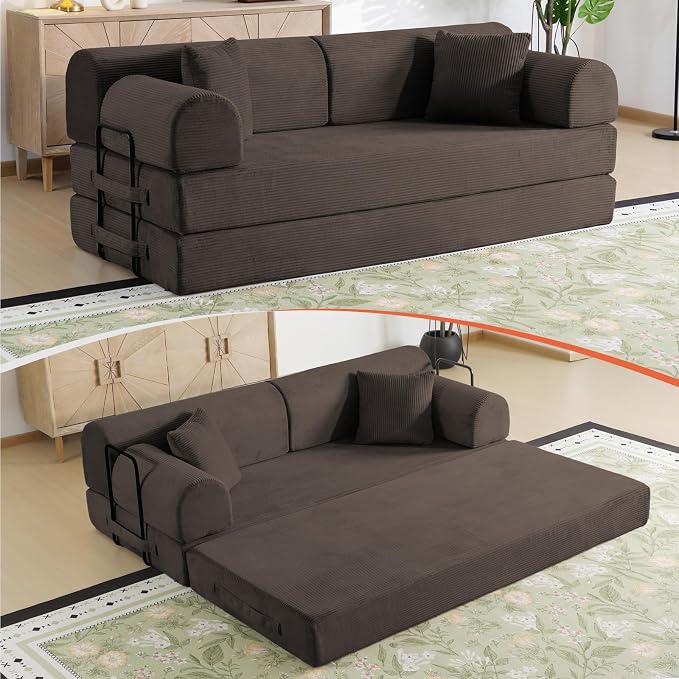 78.8" Boneless Memory Foam Couch, Corduroy Convertible Floor Sofa Bed, Fold-Out Sleeper Futon Loveseat, Wide Armrests & Supportive Back, 1200 lb, Couch in a Box, 2 Pillows, Brown