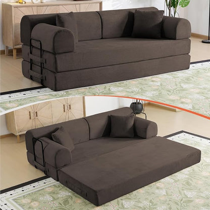 78.8" Boneless Memory Foam Couch, Corduroy Convertible Floor Sofa Bed, Fold-Out Sleeper Futon Loveseat, Wide Armrests & Supportive Back, 1200 lb, Couch in a Box, 2 Pillows, Brown