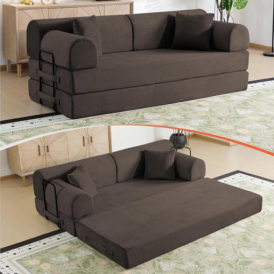 78.8" Boneless Memory Foam Couch, Corduroy Convertible Floor Sofa Bed, Fold-Out Sleeper Futon Loveseat, Wide Armrests & Supportive Back, 1200 lb, Couch in a Box, 2 Pillows, Brown
