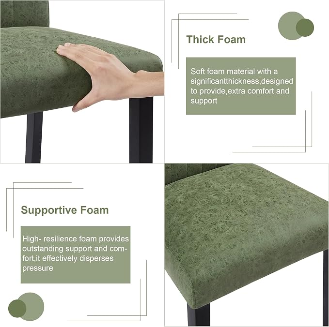 VECELO Upholstered Dining Chairs Set of 2, Modern PU Leather High Back Chairs with Solid Wood Legs and Adjustable Foot Pads for Kitchen and Living Room, Green