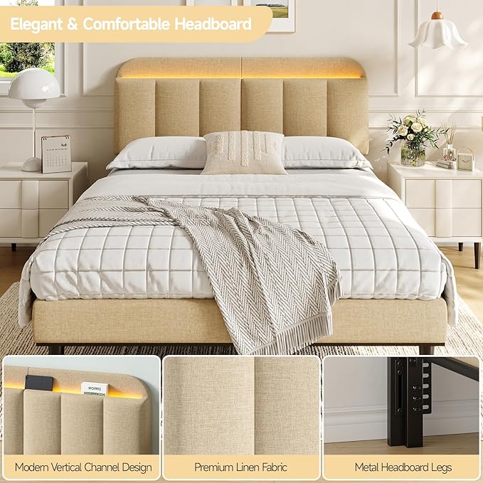 Adjustable Headboard for Full/Queen Size Bed Frame, Linen Fabric Bed Headboard with Storage & RGB LED Light in Modern Vertical Channel Design, Beige