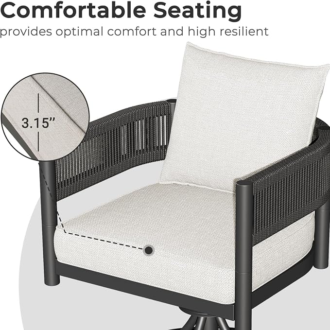 Grand patio 7 PCS Outdoor Dining Set, Patio Table and Chairs Set for 6, Metal Woven Wicker Swivel Patio Chairs with Thickened Cushions & 1 Rectangular Woodgrain Dining Table with Umbrella Hole (Black)