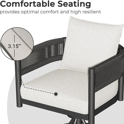 Grand patio 7 PCS Outdoor Dining Set, Patio Table and Chairs Set for 6, Metal Woven Wicker Swivel Patio Chairs with Thickened Cushions & 1 Rectangular Woodgrain Dining Table with Umbrella Hole (Black)