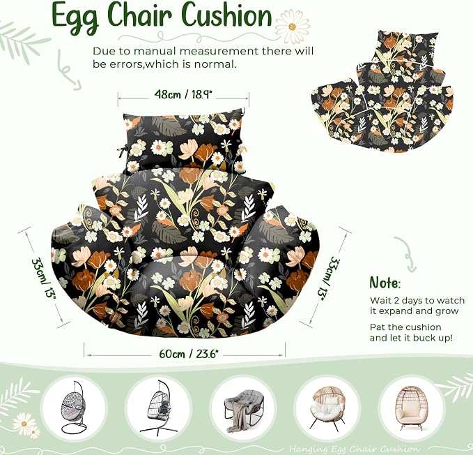 Waterproof Egg Chair Cushion Replacement 47x31.5x4.7 inch Thicken Hanging Egg Swing Chair Cushion Indoor Outdoor Wicker Rattan Hammock Basket Cushion with Headrest Pillow, Black Peony