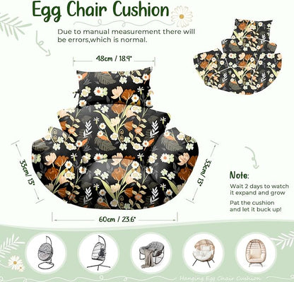Waterproof Egg Chair Cushion Replacement 47x31.5x4.7 inch Thicken Hanging Egg Swing Chair Cushion Indoor Outdoor Wicker Rattan Hammock Basket Cushion with Headrest Pillow, Black Peony