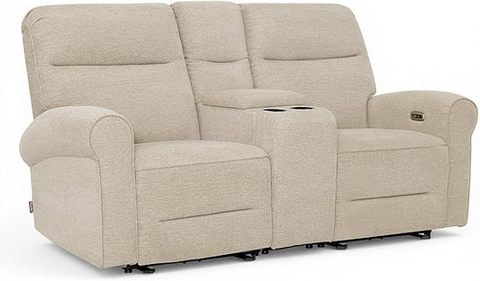 MCombo 78.3" Wall Hugger Power Loveseat Recliner Sofa with Console, Reclining Loveseat with USB Ports, Cup Holders, for Small Spaces Living Room RV, Fabric PR635M2 (Beige)
