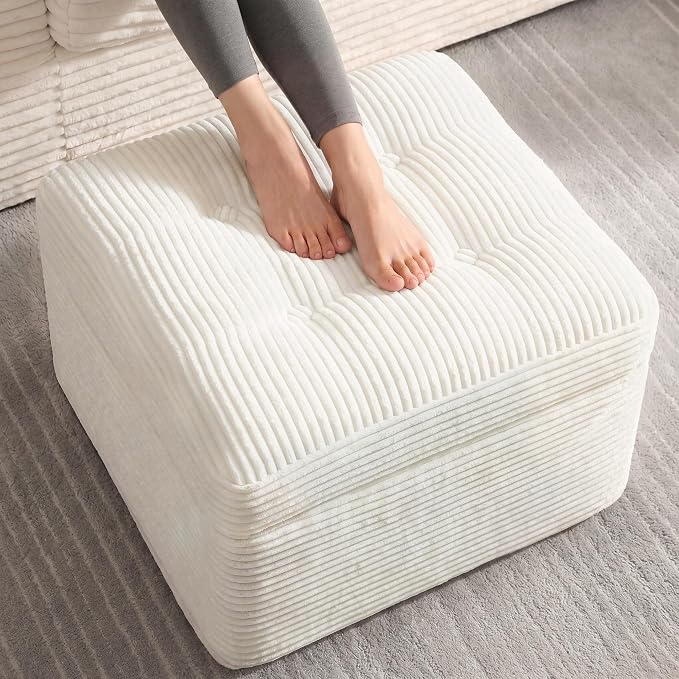 23.6in Pouf Ottoman, Corduroy Ottoman Foot Rest with Dual‑Layer Support, Large Plush Pouf with Soft Chunk‑Foam Top & Firm Foam Base, Floor Foot Stool for Living Room, Beige