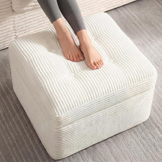 23.6in Pouf Ottoman, Corduroy Ottoman Foot Rest with Dual‑Layer Support, Large Plush Pouf with Soft Chunk‑Foam Top & Firm Foam Base, Floor Foot Stool for Living Room, Beige
