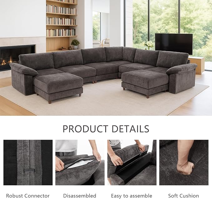 Oversized Modular Cloud Couch with Removable Washable Cover, U-Shaped Sectional for Large Living Room, Plush Chenille & Deep Seat（Grey）