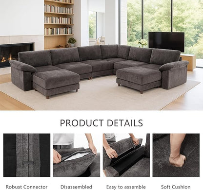 Oversized Modular Cloud Couch with Removable Washable Cover, U-Shaped Sectional for Large Living Room, Plush Chenille & Deep Seat（Grey）