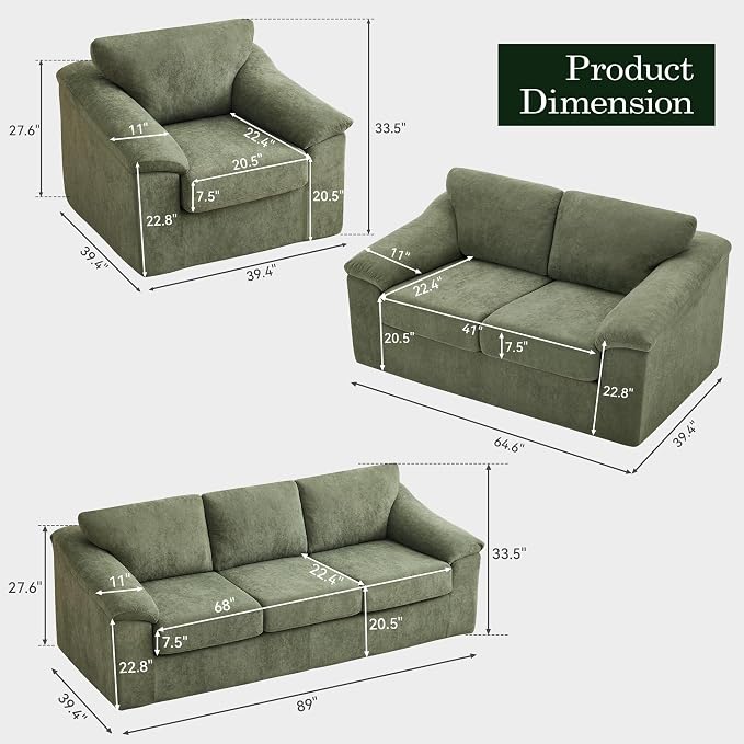 Oversized Boneless Couch Sets, Modern 3 Seater Sofa, Loveseat Sofa with Accent Sofa Chair, Floor Cloud Couch Sets with Extra Comfy Soft Deep Seats for Living Room, No Assemby, Set of 3, Green