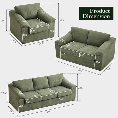 Oversized Boneless Couch Sets, Modern 3 Seater Sofa, Loveseat Sofa with Accent Sofa Chair, Floor Cloud Couch Sets with Extra Comfy Soft Deep Seats for Living Room, No Assemby, Set of 3, Green