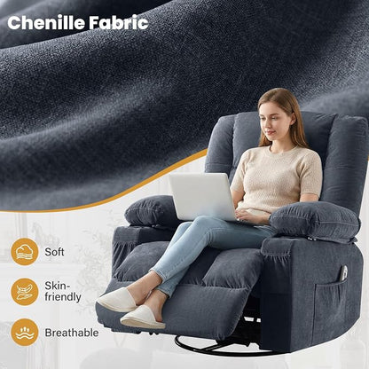 Swivel Recliner Chair for Adults with Vibration Massage and Lumbar Heat , Oversized Ergonomic Rocking Chair for Living Room and Bedroom, Featuring Side Pocket, 2 Cup Holders & USB Charge Port