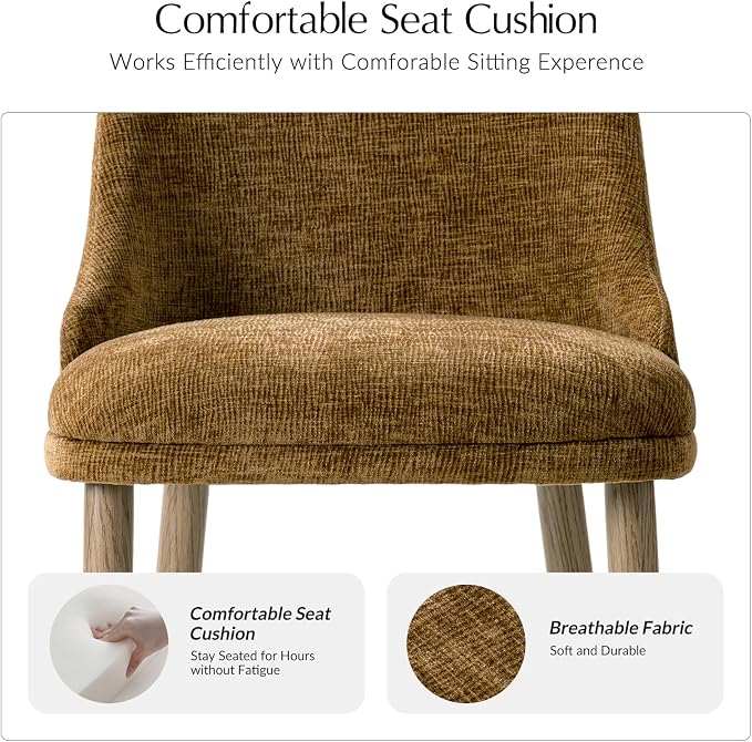 Upholstered Dining Chairs Set of 6, Fabric Dining Room Chairs with Curved Backrest, Solid Wood Legs, Modern Kitchen Chairs for Dining Room Living Room, Golden
