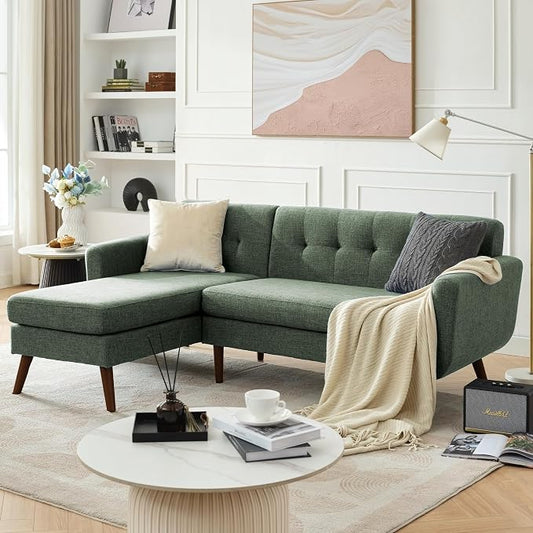 Tbfit L Shaped Couch Sofa, 80" W Mid-Century Modern Sectional Couches, 3 Seater Sofas with Wide Chaise Lounge, Button Tufted Upholstered Sectional Sofa for Living Room, Bedroom, Green | linen fabric