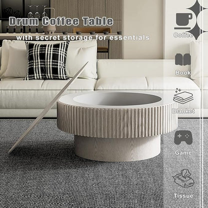 Round Coffee Table with Storage, Modern Wooden Coffee Table with Solid Wood Veneered, Circle Center Table Accent Tea Table for Living Room Small Space (31.5''L × 31.5''W × 14''H, Retro White)