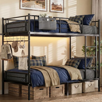 Bunk Bed,Bunk Bed Twin Over Twin with Power Outlet and LED Lights,Heavy-Duty Safety Metal Rails Ladder,Space-Saving Design with Storage Hooks,440lbs Capacity,Black