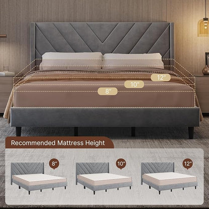 Yaheetech King Bed Frame Upholstered Platform Bed/Wooden Slat Support/Tufted Headboard with Wing Side/Mattress Foundation/No Box Spring Needed,Light Gray King