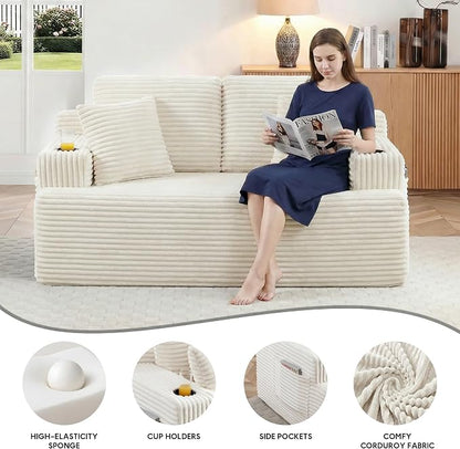 66.5'' Boneless Sofa Couch with Cup Holders & Side Pockets, Modern Corduroy Fabric Upholstered Loveseat Couch with 2 Throw Pillows for Living Room Office, No Assembly (Beige)