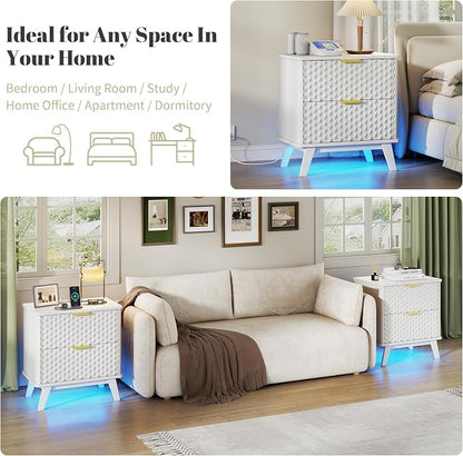 LVSOMT Smart Nightstand with Charging Station and LED Lights, 23.62" Wide Night Stand with 2 Drawers, Motion Sensor Motion-Activated Underlight, Honeycomb Bedside Table for Bedroom, White