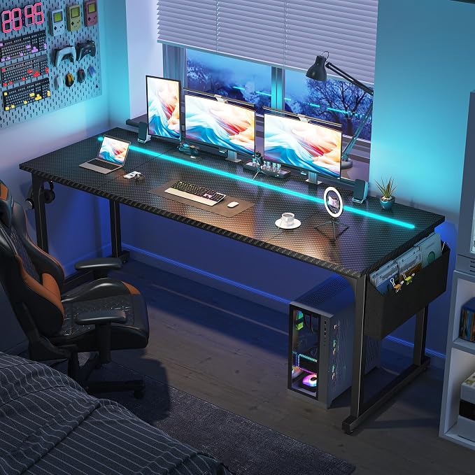 DurayLoly 71" Gaming Desk with LED Lights, Large Office Desk for 3 Monitors or 2 laptops,Long Desk with Storage Bag&Headphone Hook for Study Writing Work Wood Desk,Sturdy Metal Frame,Black