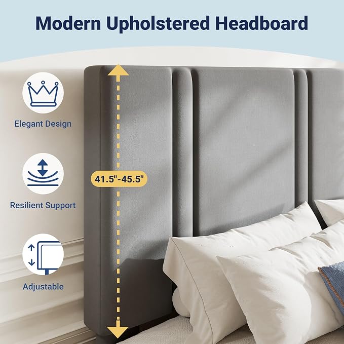 Allewie Queen Platform Bed Frame with Adjustable Headboard, Plush Velvet Upholstered, Vertical Channel Tufted, Sturdy Wooden Slats, No Box Spring Needed, Easy Assembly, Grey