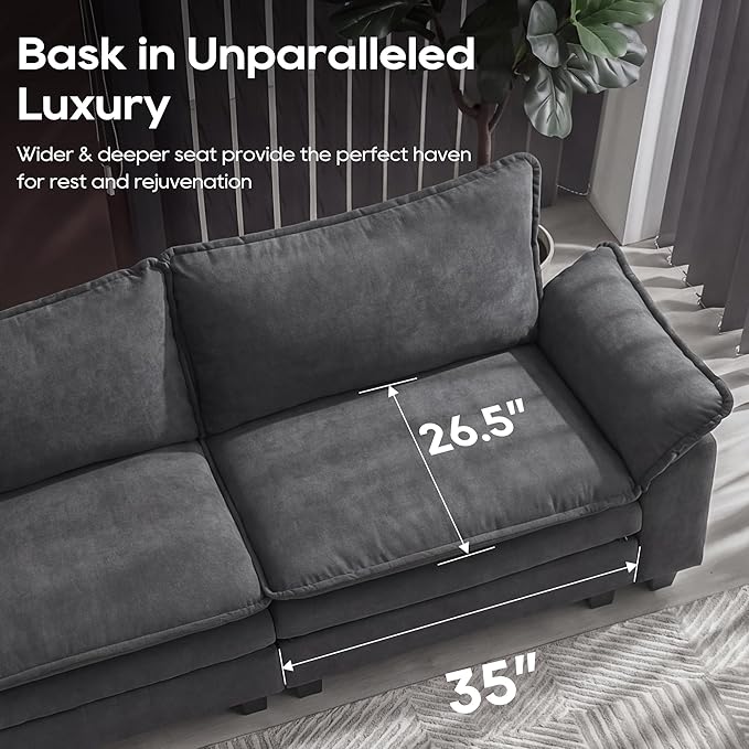 URRED Oversized Modular Sectional Sofa, 87" L Shaped Modern Comfy Cloud Couch with Movable Ottoman & Pillows, Deep Seat Couches for Living Room, Bedroom or Apartment (Velvet Grey, 87" L Shaped)