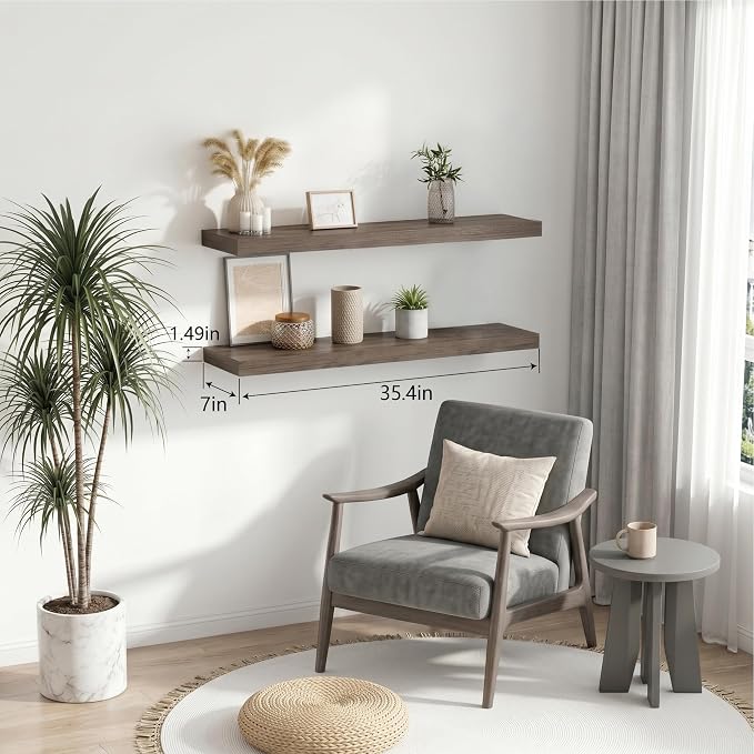 Floating Shelves for Wall, Bathroom Shelves Over Toilet, Wall Shelves & Book Shelf for Room, Hanging Shelf, Modern Wooden Mounted Floating Shelves, 36x7x1.5 in (Smoke Gray, Set of 2)