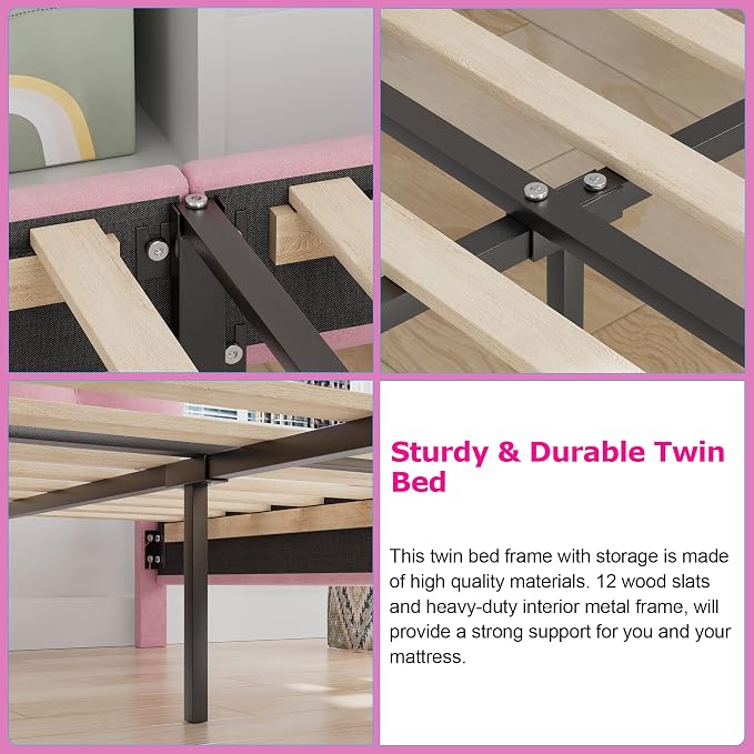 VECELO Twin Size Bed Frame with Storage Drawer, Heavy-Duty Bedframe with Tufted Headboard & Wooden Slats & Steel Framework, No Box Spring Needed, Pink