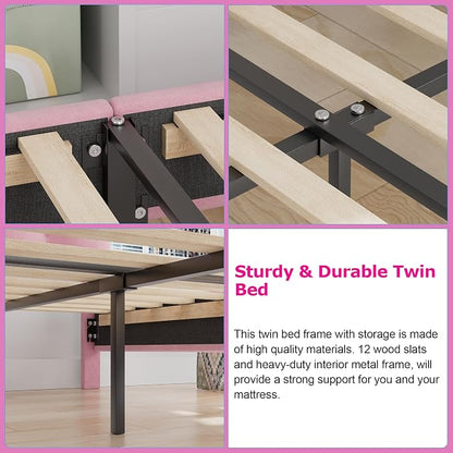 VECELO Twin Size Bed Frame with Storage Drawer, Heavy-Duty Bedframe with Tufted Headboard & Wooden Slats & Steel Framework, No Box Spring Needed, Pink