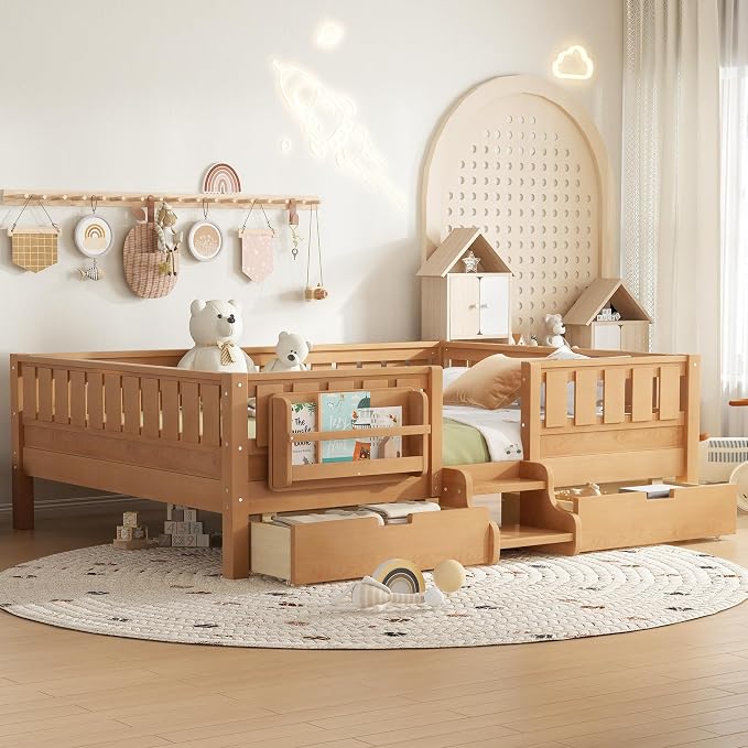 Bellemave Queen Size Bed with Slats and Stairs, Queen Size Platform Bed Frame with Fence, Bookshelf and Storage Drawers, Easy Assemble Beds for Girls, Boys, Deep Natural